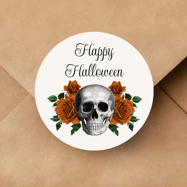 Pegatina Redonda Gothic Floral Skull Halloween (Gothic Floral Skull Halloween Classic Round Sticker)