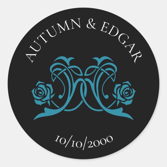 Pegatina Redonda Gothic Rose Teal Black Wedding (Anverso)