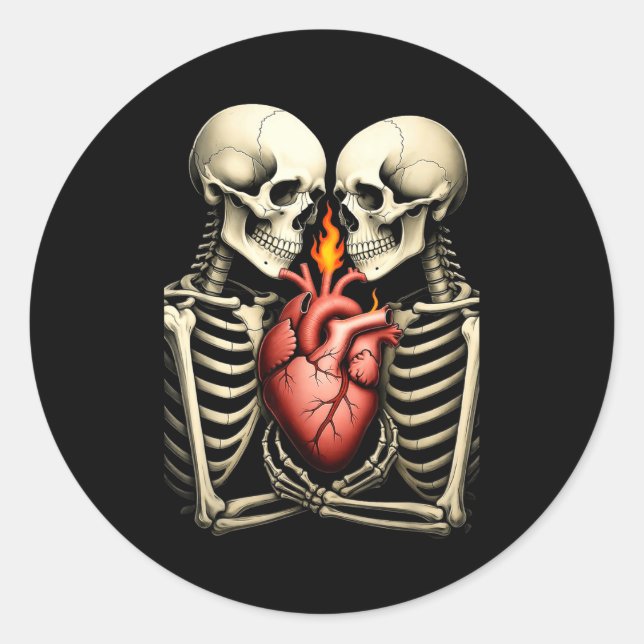Pegatina Redonda Gothic Skull Couple Flaming Heart Dark Romance Sty (Anverso)