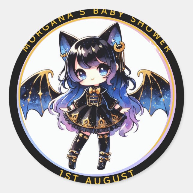 Pegatina Redonda Gótico Bebé Chica Ducha Bat Vampiro Gracias (Anverso)
