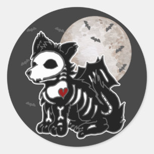 Pegatina Redonda Gótico Emo de Anime Wolf Edgy Skeleton Perro de Ha