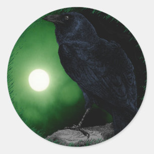 Pegatina Redonda Gótico Green Moon Black Raven Halloween Animal