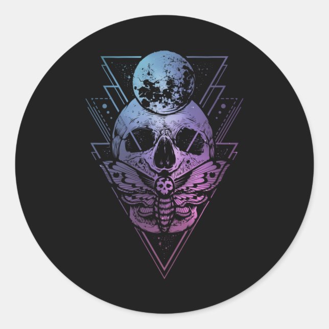 Pegatina Redonda Gótico Moon Skull Gótico Wicca Crescent Moth Lunar (Anverso)