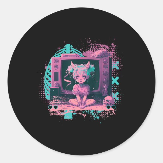 Pegatina Redonda Gótico Pastel Kawaii Creepy Cute Menhera Sad Anime (Anverso)