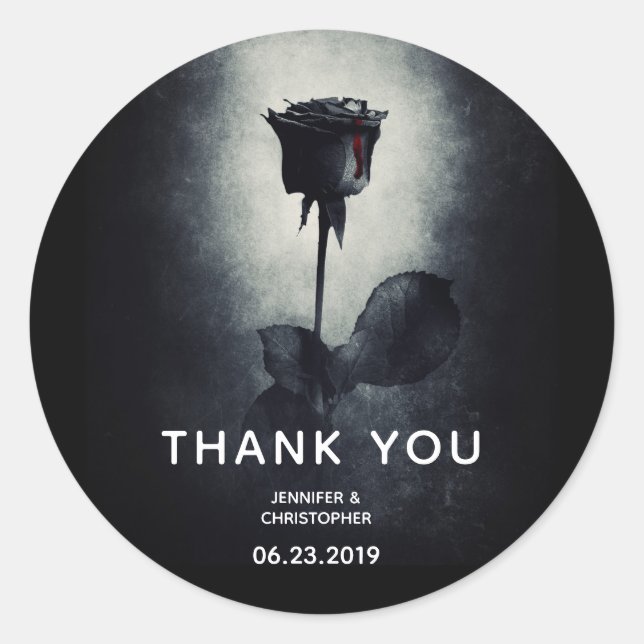 Pegatina Redonda Gótico Rosa negro goteando sangre Boda macabro (Anverso)