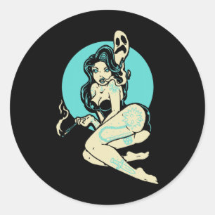 Pegatina Redonda Gótico tatuado Pin-up Chica Horror Fantasma Luna R