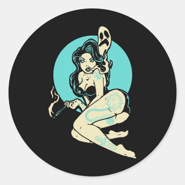 Pegatina Redonda Gótico tatuado Pin-up Chica Horror Fantasma Luna R (Anverso)