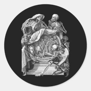 Pegatina Redonda Gótico Vintage Skeleton Engraving Memento Mori Hal
