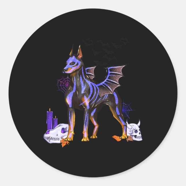 Pegatina Redonda Gótico Winged Doberman Perro Skulls Bat And Candle (Anverso)