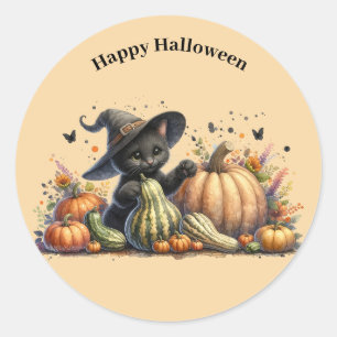 Pegatina Redonda Gourds de Halloween Black Witch's Kitten W/ Pumpki