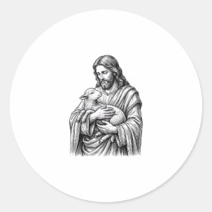 Pegatina Redonda Grabado Antiguo Pastor que Sostiene Cordero Vector