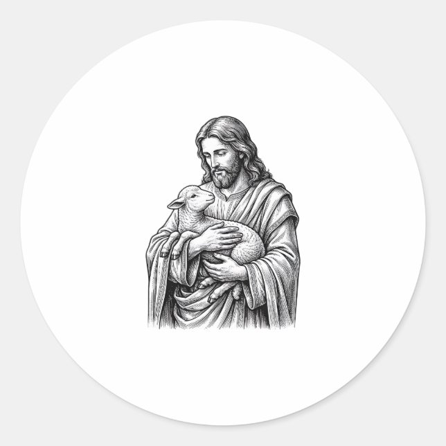 Pegatina Redonda Grabado Antiguo Pastor que Sostiene Cordero Vector (Anverso)