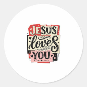 Pegatina Redonda Grabado Vintage Jesús Te Ama Tipografía Cristiana