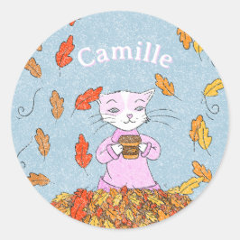Pegatina Redonda Graceful Cat Fall Kid Sticker with Name