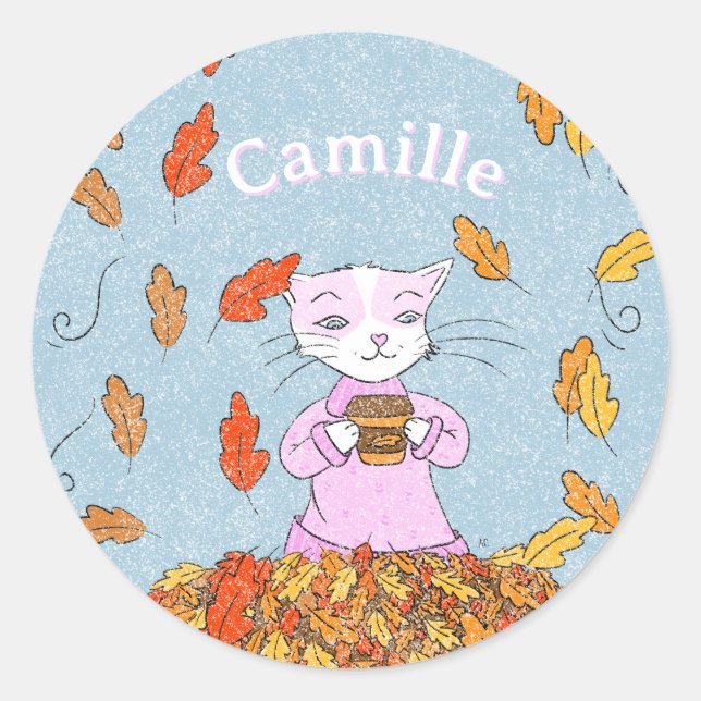 Pegatina Redonda Graceful Cat Fall Kid Sticker with Name (Anverso)