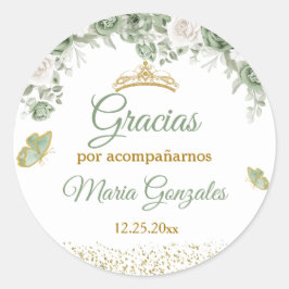 Pegatina Redonda Gracia de la corona verde de oro de quinceañera