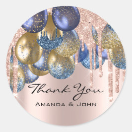 Pegatina Redonda Gracias 16.ª Boda nupcial Ballon Blue Navy Drips