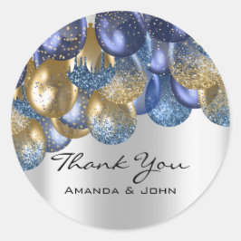 Pegatina Redonda Gracias 16.ª Boda nupcial Ballon Blue Navy Silver