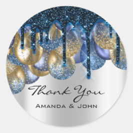 Pegatina Redonda Gracias 16.ª Boda nupcial Ballons Blue Navy Silver