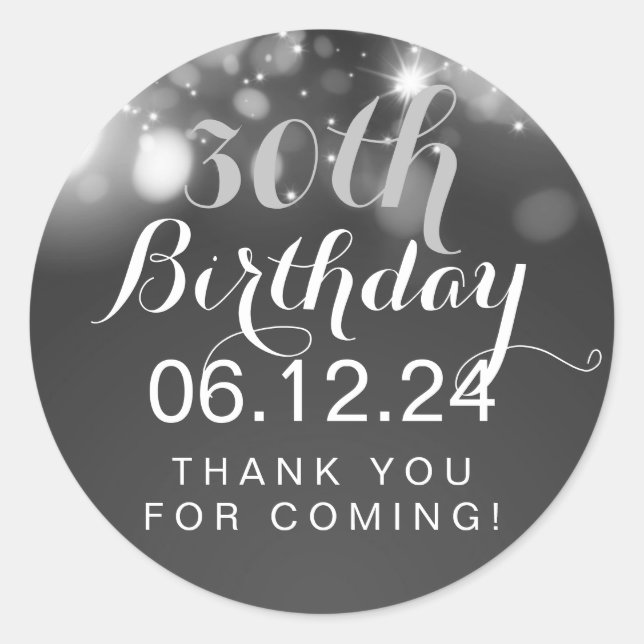 Pegatina Redonda Gracias 30° cumpleaños de luz de espuma plateada (Anverso)