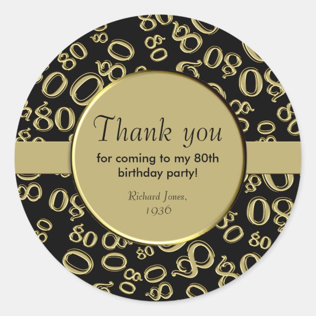 Pegatina Redonda Gracias: 80º patrón de números oro y negro (Anverso)