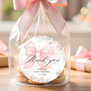 Pegatina Redonda Gracias a Baby Shower, Chica de invierno de Bow Ro