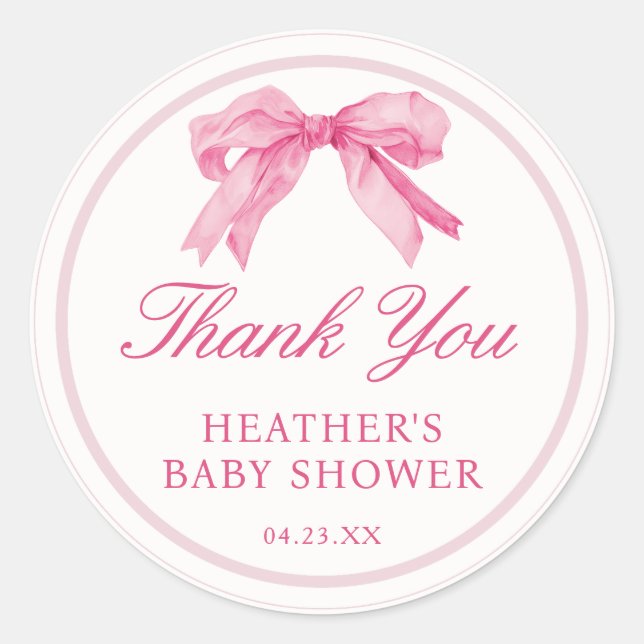 Pegatina Redonda Gracias a Baby Shower Pink Bow (Anverso)