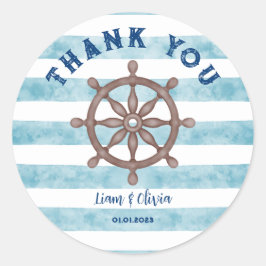 Pegatina Redonda Gracias a Cute Blue Nautical Sailor Baby Shower