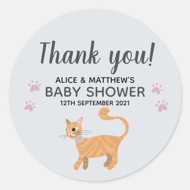 Pegatina Redonda Gracias a Cute Cat Personalizado Baby Shower (Anverso)