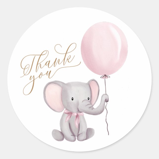 Pegatina Redonda Gracias a Cute Elephant Pink Balloon Baby Shower (Anverso)