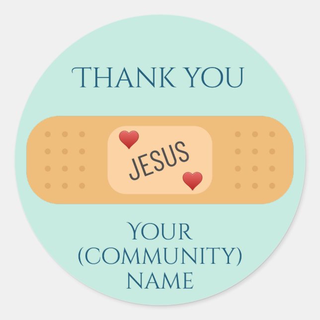 Pegatina Redonda Gracias a Jesús sanador parche botón verde azulado (Anverso)