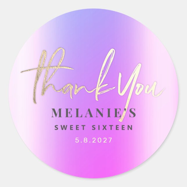 Pegatina Redonda Gracias a la 16ª Bridal Purple Gold personalizada (Anverso)