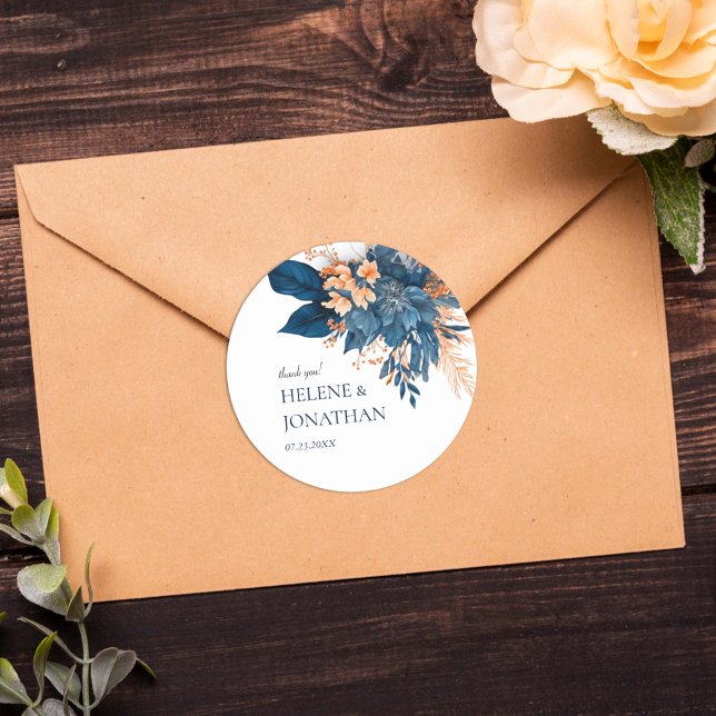 Pegatina Redonda Gracias A La Moderna Boda Rustica Indigo Elegante (Modern Rustic Indigo Elegant Wedding Thank You Classic Round Sticker)