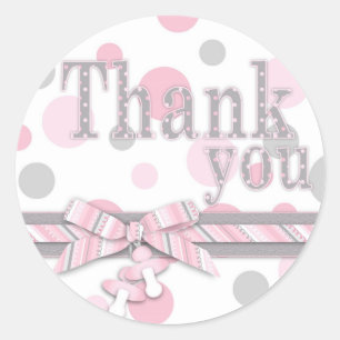 Pegatina Redonda Gracias a los puntos de Polka Rosa y Gris