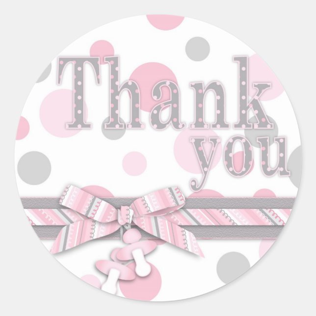 Pegatina Redonda Gracias a los puntos de Polka Rosa y Gris (Anverso)