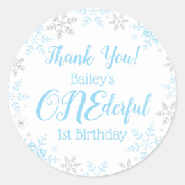 Pegatina Redonda Gracias al invierno Onederland Blue Silver Copos d