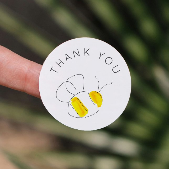 Pegatina Redonda Gracias Amarillo acuarela Bumble Bee (Watercolor bee Thank You baby shower sticker.)