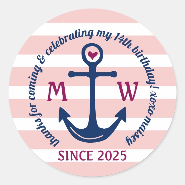 Pegatina Redonda Gracias Anchor Heart Pink Stripes Nautical Logo (Anverso)