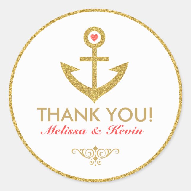 Pegatina Redonda Gracias, Anclaje Náutico Blanco y Oro (Anverso)