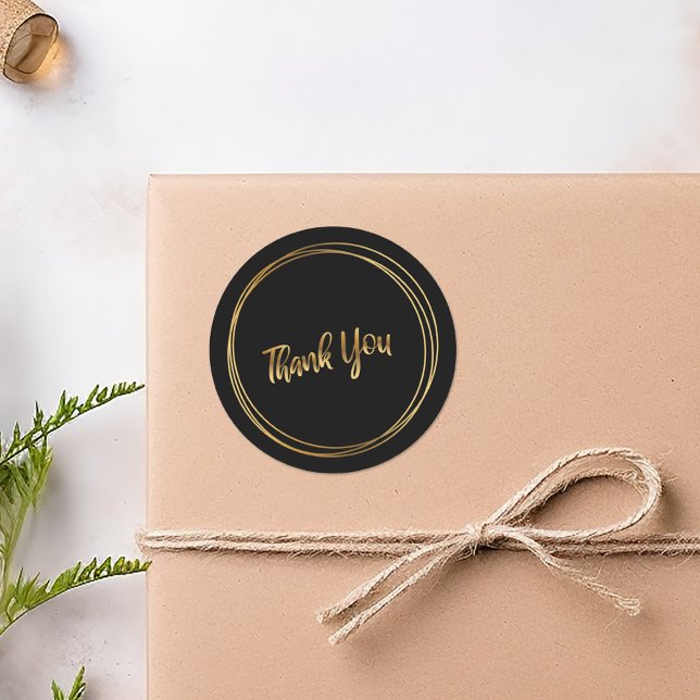 Pegatina Redonda Gracias anillos de oro negros (Thank you gold rings black round sticker.)