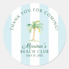 Pegatina Redonda Gracias Aqua Blue Cabana Stripes Palm Beach Club