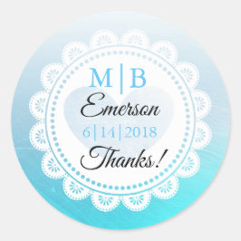 Pegatina Redonda Gracias Aqua Blue Personalized Wedding Stickers