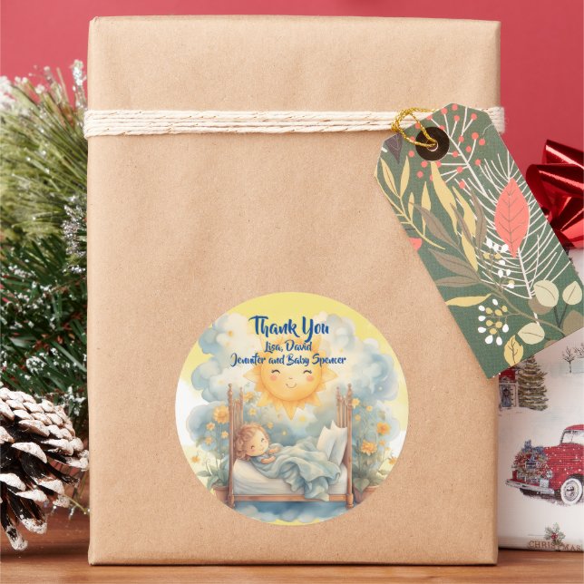 Pegatina Redonda Gracias AQUÍ VIENE EL HIJO Baby Shower (Vacaciones)