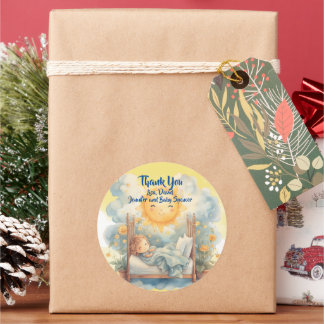 Pegatina Redonda Gracias AQUÍ VIENE EL HIJO Baby Shower