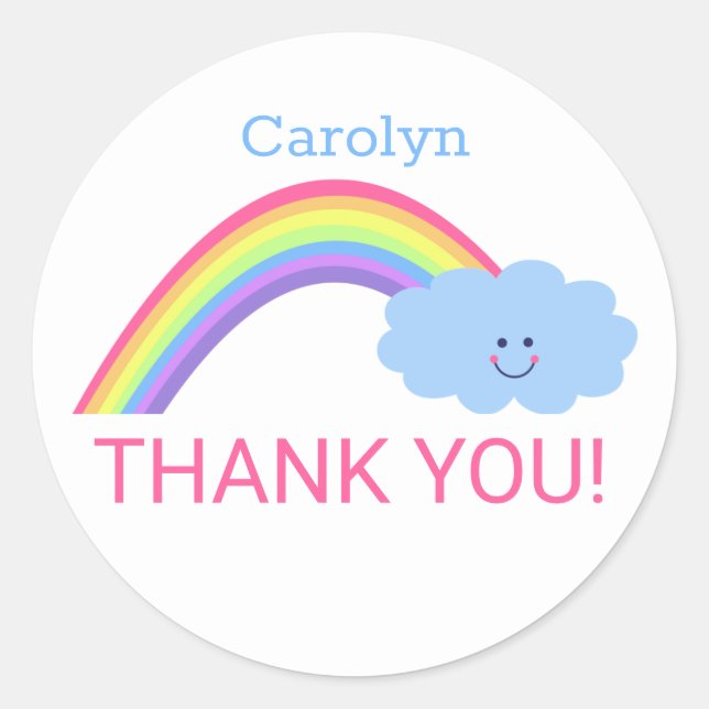 Pegatina Redonda GRACIAS Arcoiris, nube sonriente. Tu nombre (Anverso)