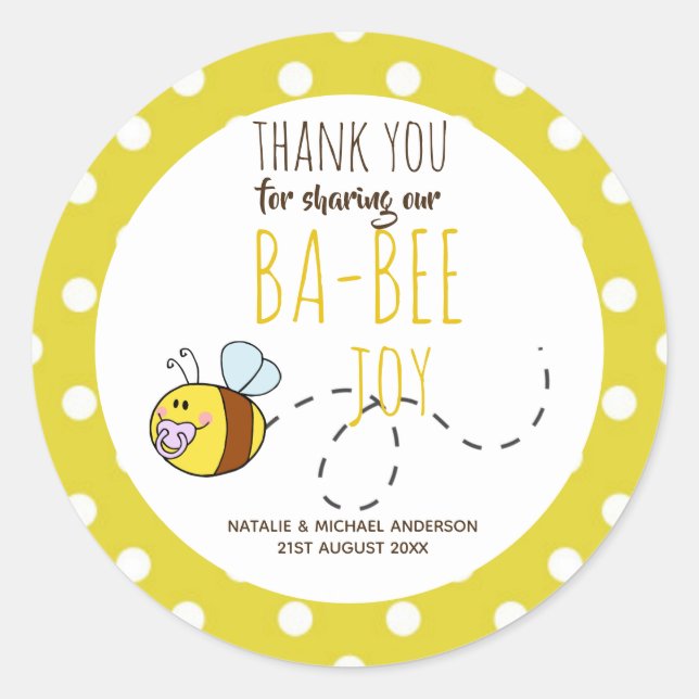 Pegatina Redonda Gracias BA-BEE Baby Shower Yellow Polkadot (Anverso)