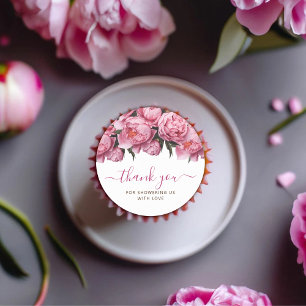 Pegatina Redonda Gracias Baby Shower a Pink Peonies