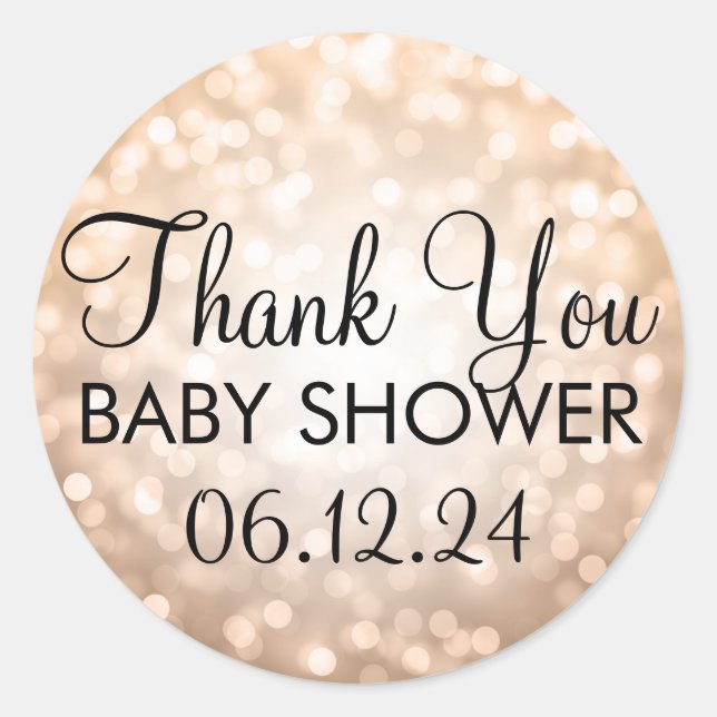 Pegatina Redonda Gracias Baby Shower Copper Glitter Lights (Anverso)