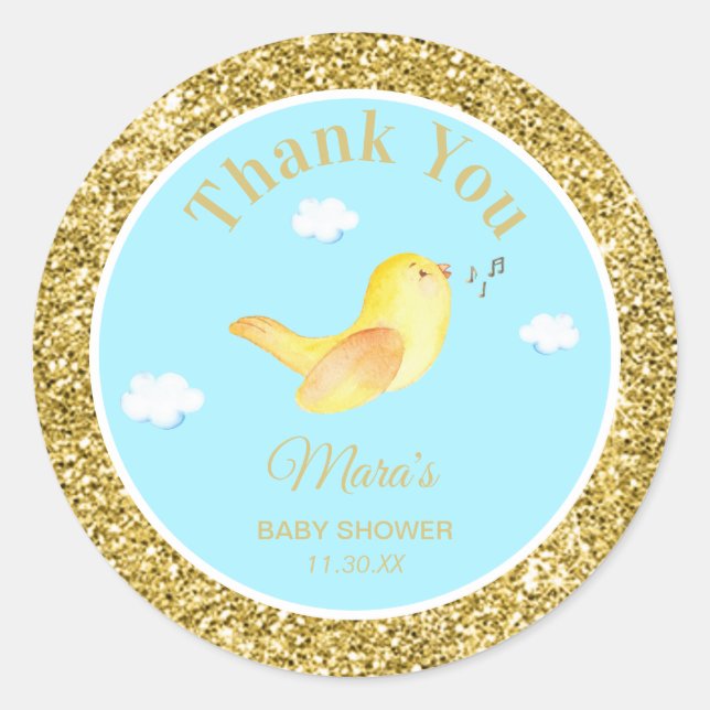 Pegatina Redonda *~* Gracias Baby Shower de Birdie Sky Cloud Amaril (Anverso)