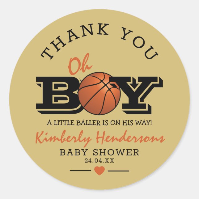Pegatina Redonda Gracias Baby Shower de Guay Basketball "Oh Boy" (Anverso)